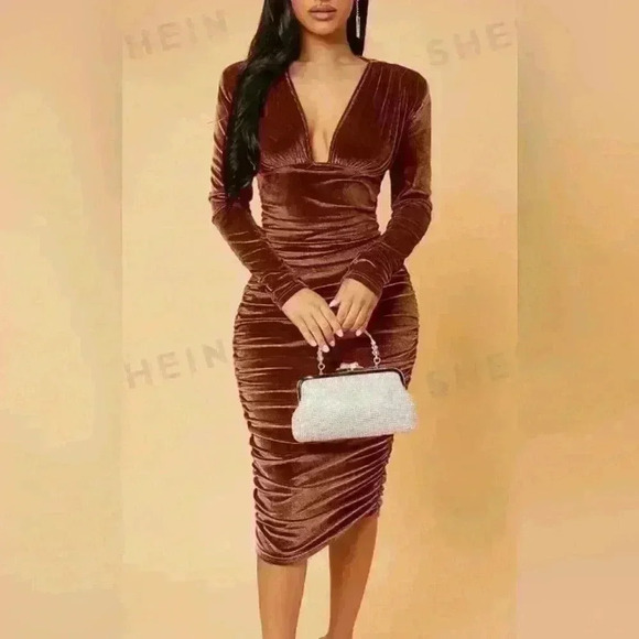 Shein Sexy Deep V-neck Ruched Velvet Bodycon Dress (213) - Picture 1 of 12